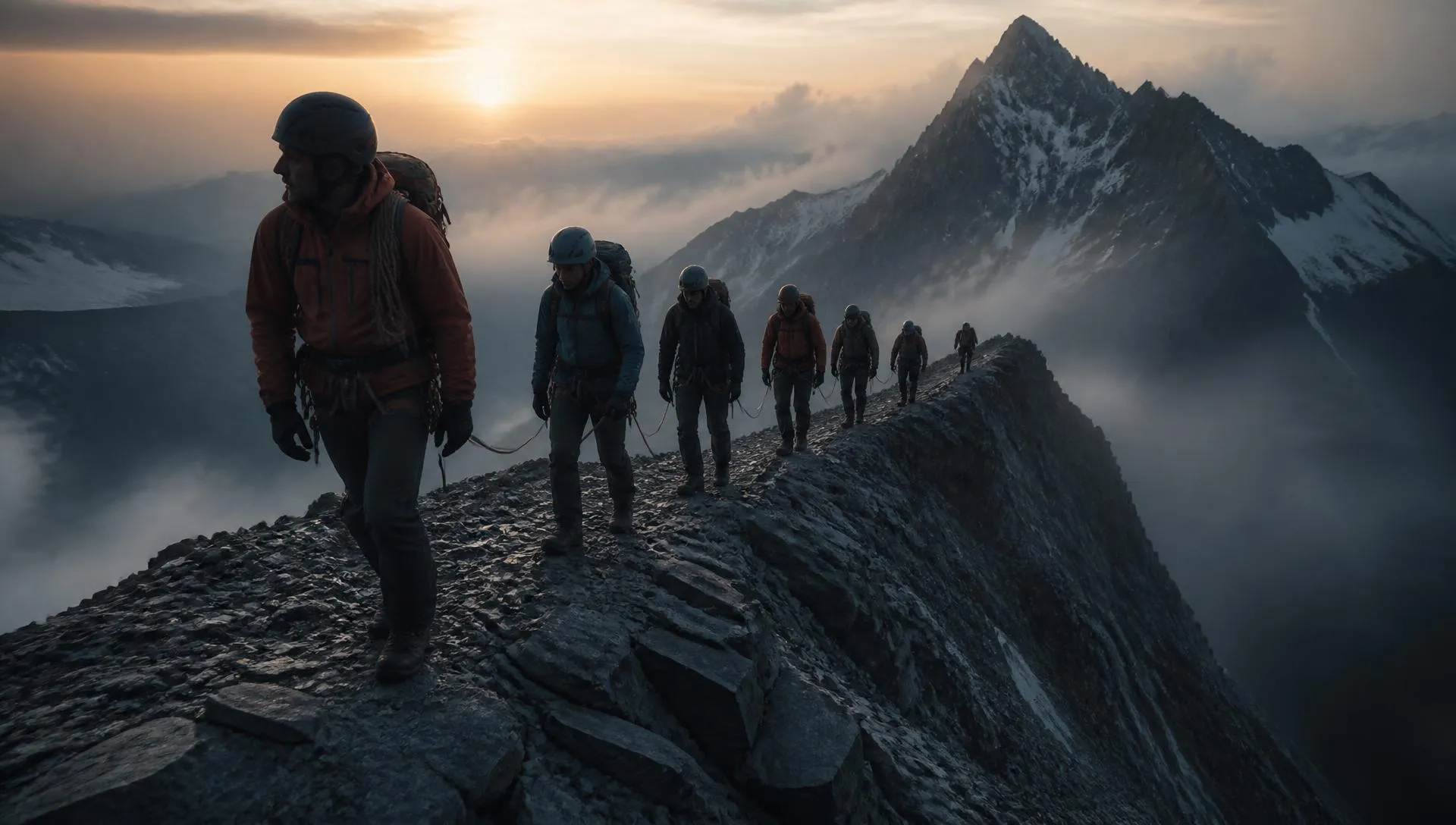 高山稜線上保持隊形前進的多人登山隊伍，領隊回頭確認後方隊員