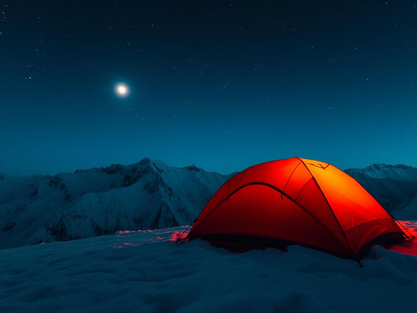 夜晚高山雪地上的橘色帳篷與星空